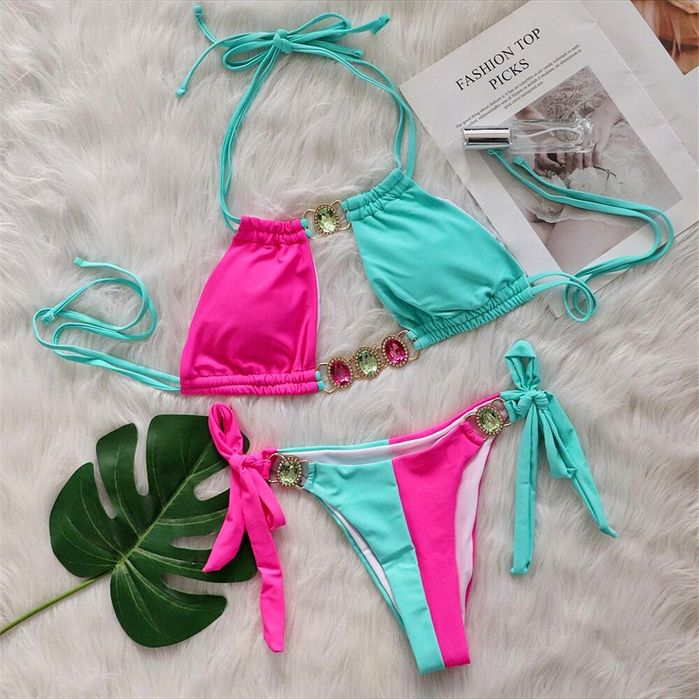 Bikini strój kąpielowy neon róż mięta cyrkonie kamienie kryształki