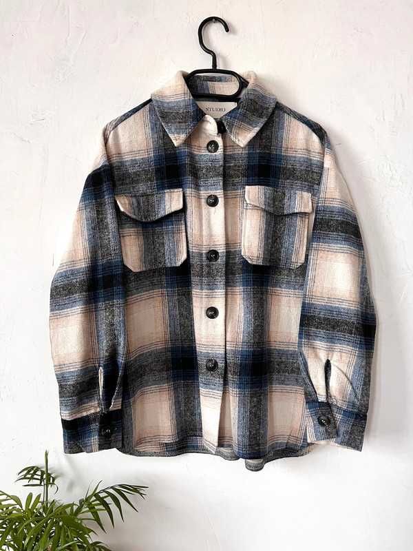 Kurtka koszulowa w kratę wełna Studio Only xs/s boxy fit wool jacket