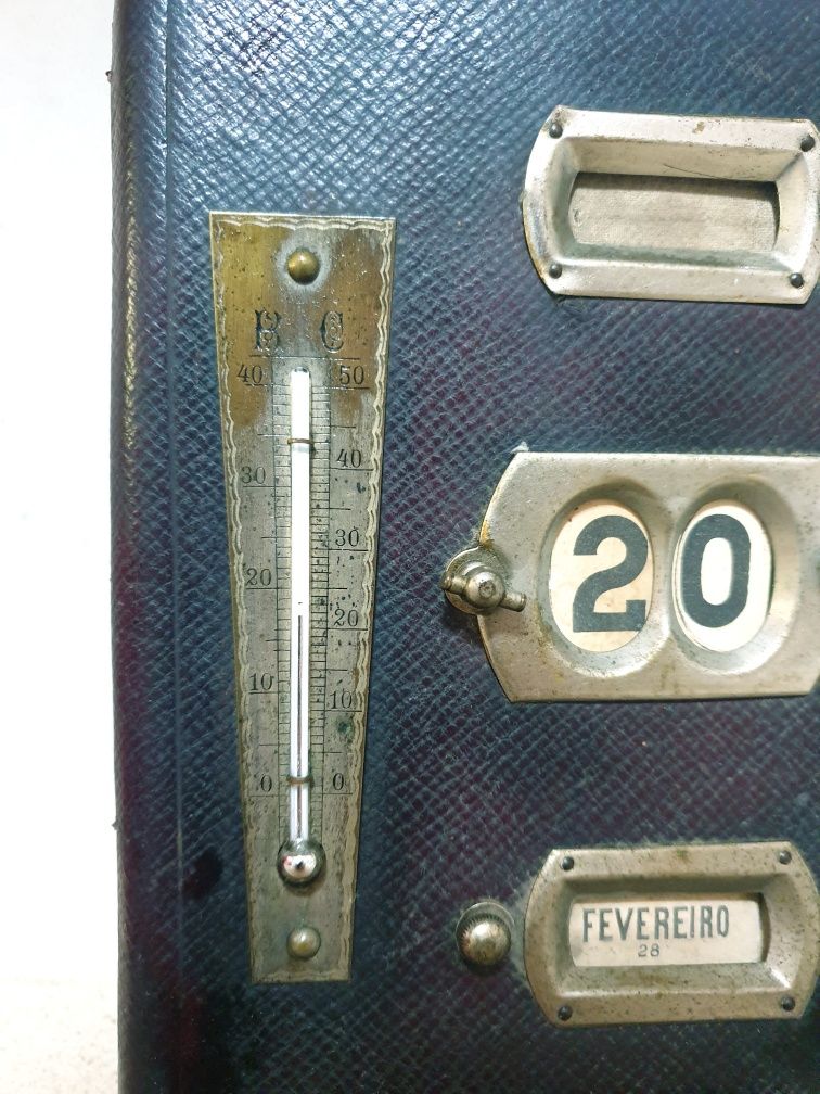 Raro antigo calendário perpétuo com relógio termómetro bloco de notas