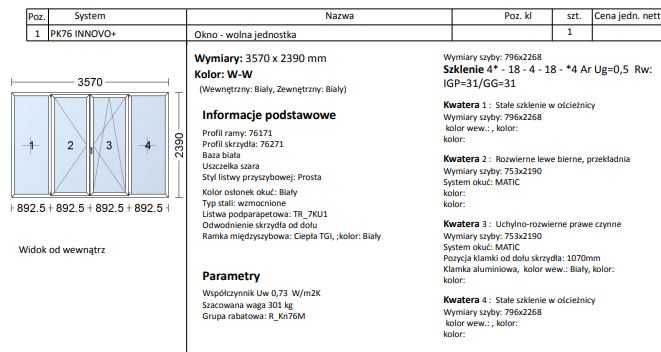 sprzedam nowe okna witraż 360x240 otwierane balkonowe białe