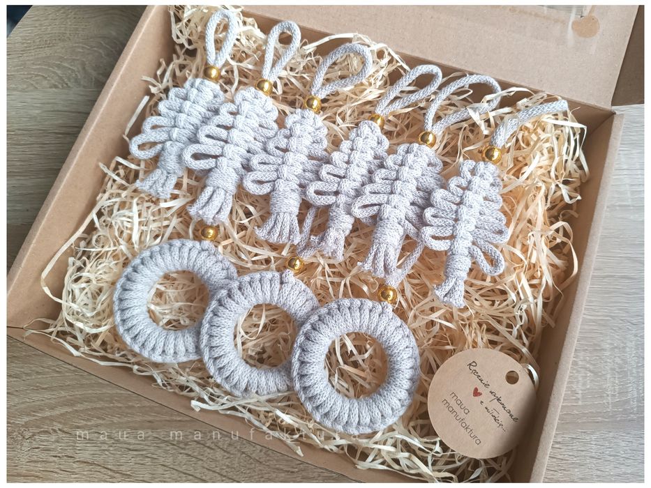 Ozdoby świąteczne choinkowe rękodzieło makrama ze sznurka choinki natu