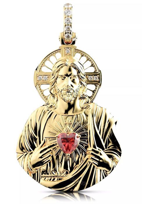 Złota zawieszka Jezusa 14k 585 z żółtego złota pj006y Rubin 25mm