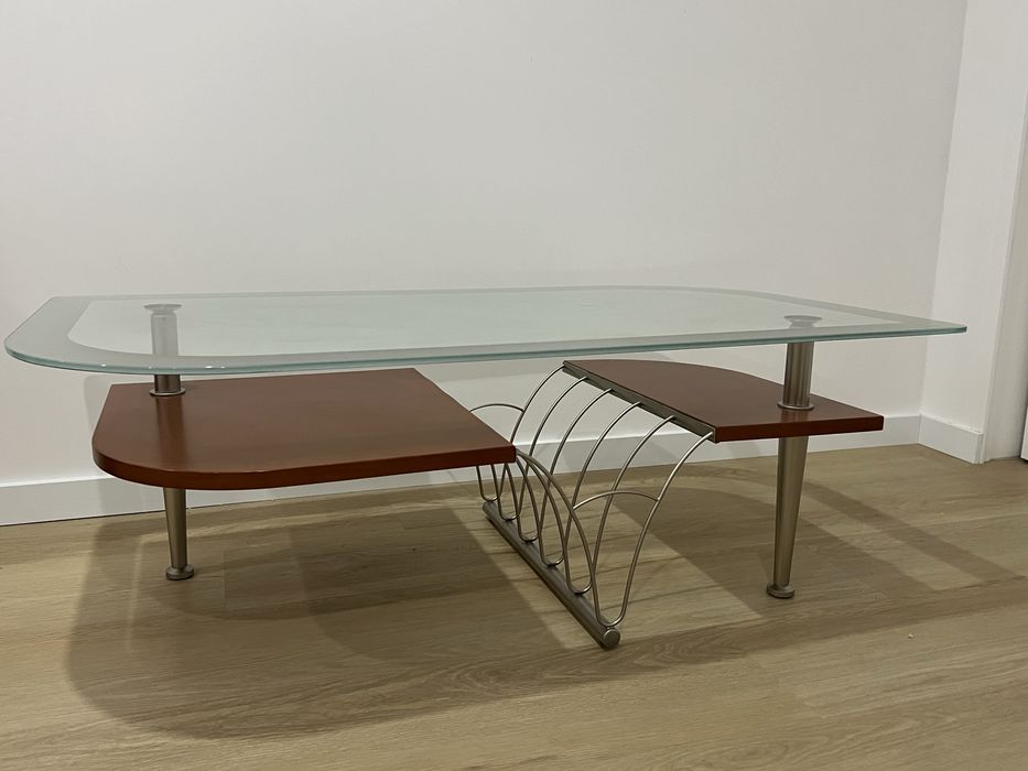 Mesa de centro sala madeira cerejeira vidro e inox