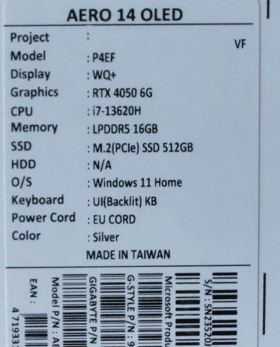 Ноутбук  Gigabyte AERO 14 OLED BMF (BMF-H2EEBB3SH)