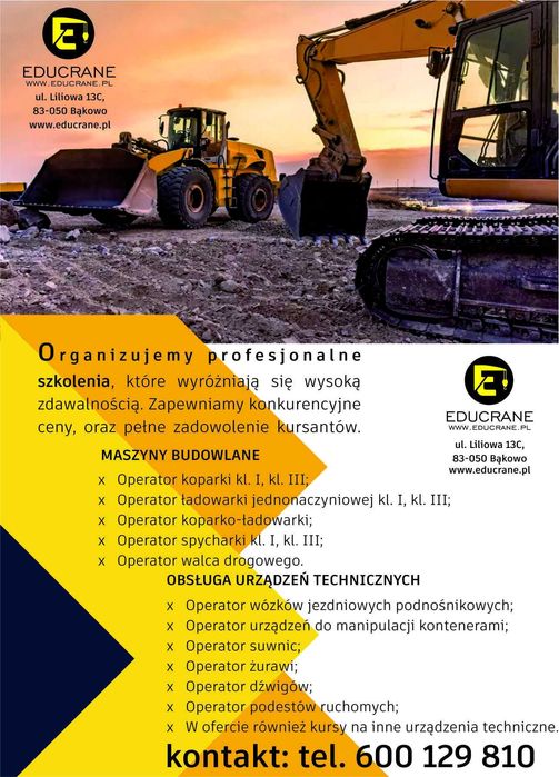 Kurs, Szkolenie na operatora maszyn budowlanych - koparki, ładowarki