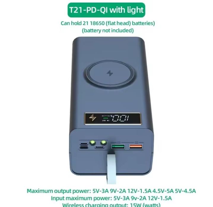 Корпус повербанка на 21 АКБ 18650, 22.5W, PowerBank T21-PD-QI