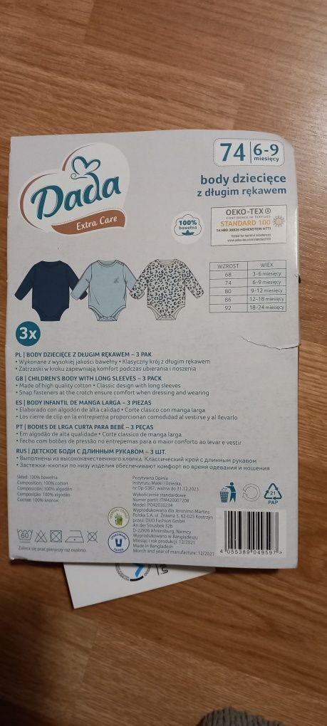 Body dziecięce z długim rękawem DADA 3pack Nowe rozmiar 74