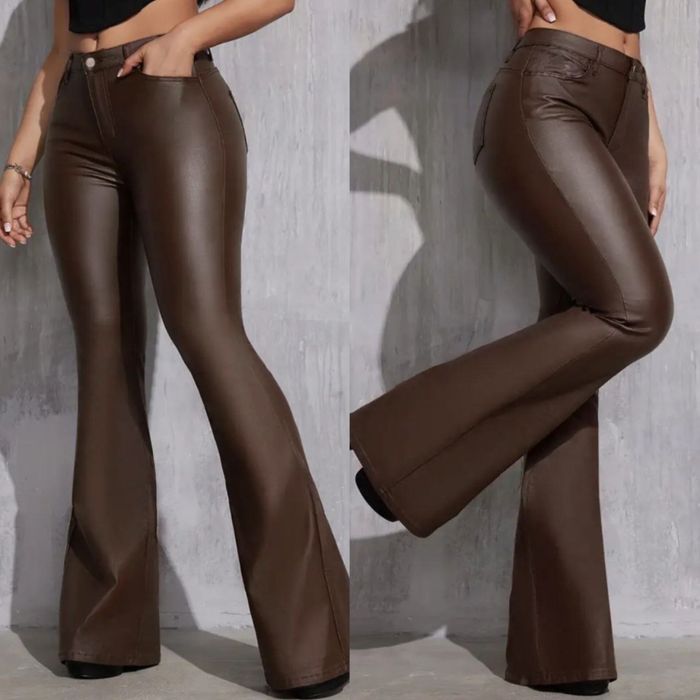 Женские кожаные штаны S-XL коричневые клеш с широким низом высокие