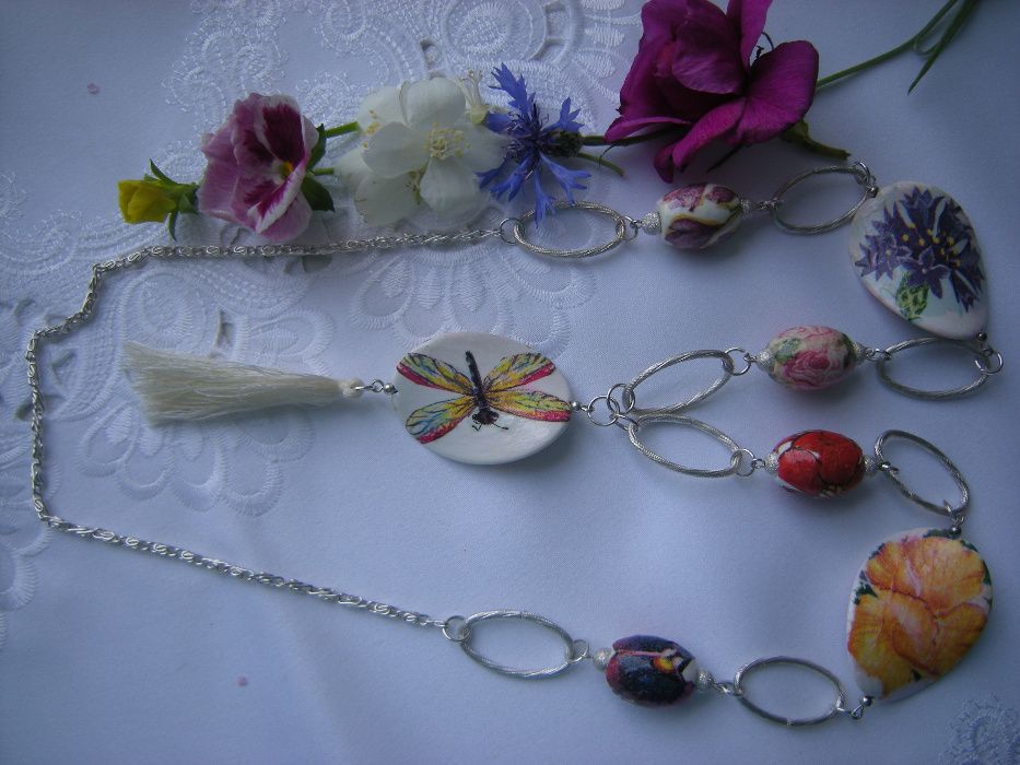 kolorowy naszyjnik 96cm kwiaty ważka chwost decoupage