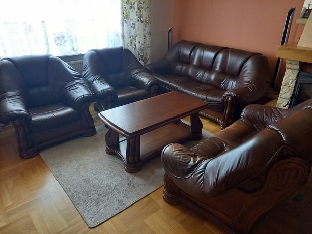 Meble do salonu skórzane drewniane sofa fotele wypoczynek