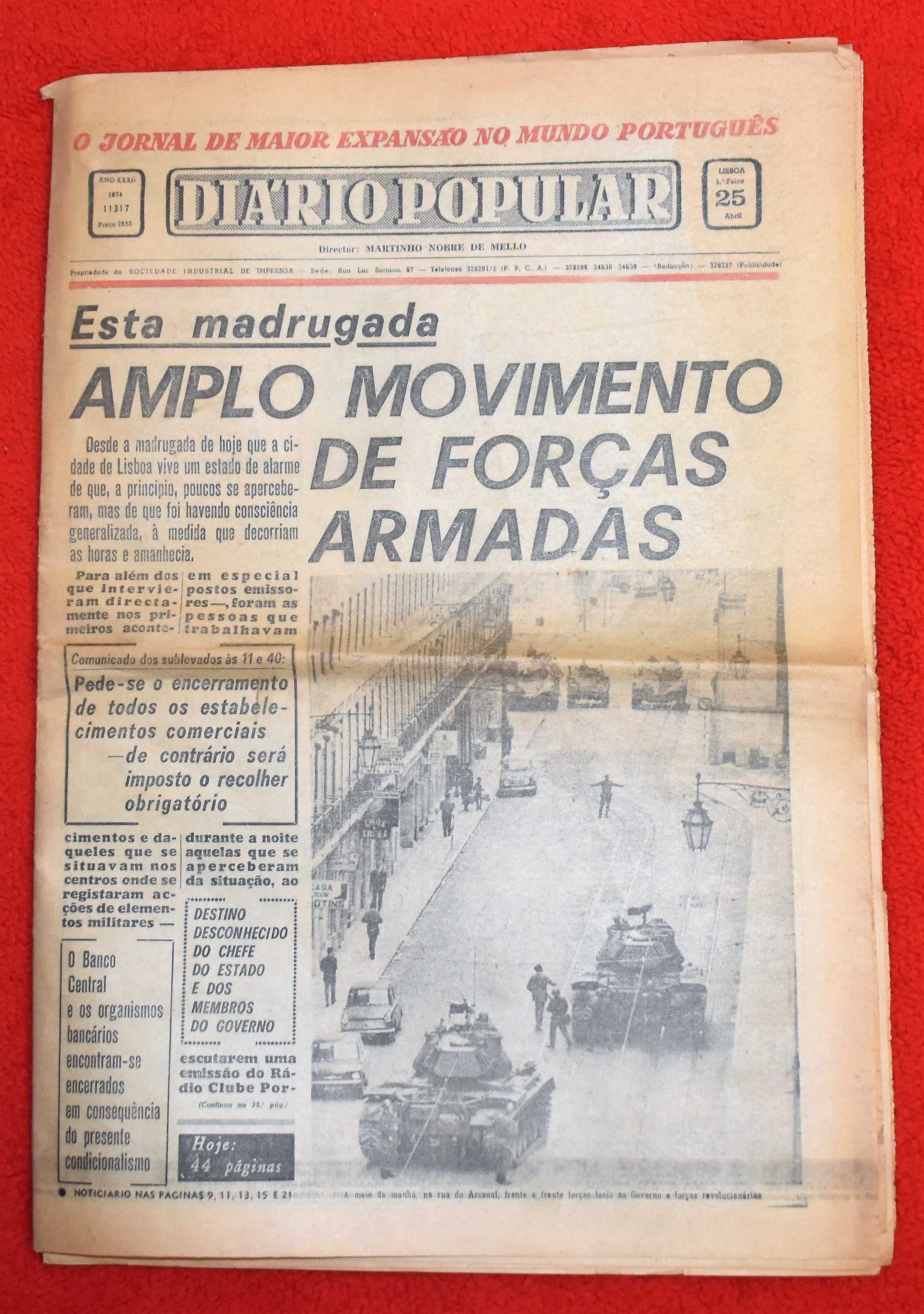 "Diário Popular" - Dia 25 de Abril de 1974 (50º Aniversário) c/ Portes
