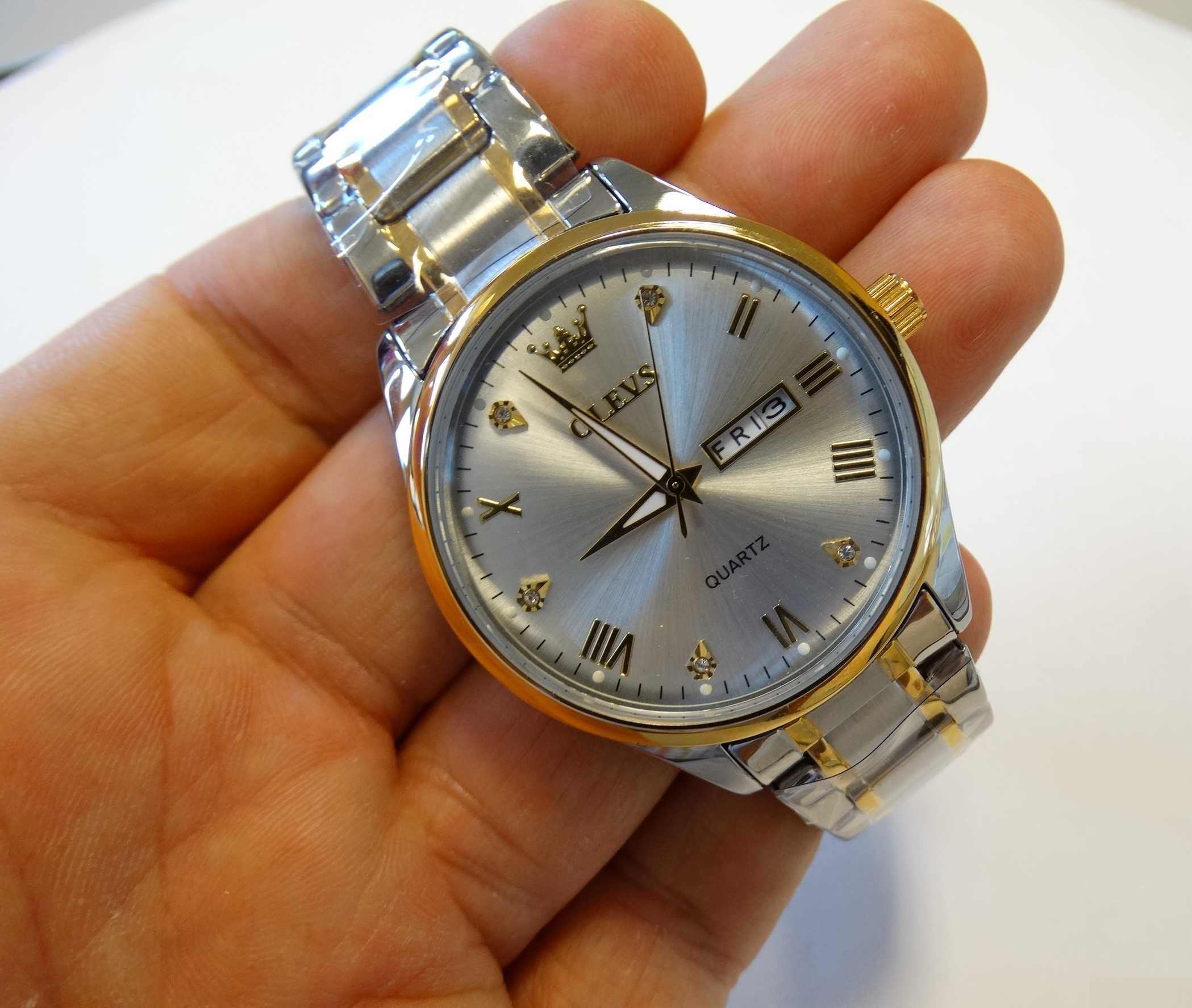 Zegarek kwarcowy Olevs 40mm srebrny złoty unisex datownik WR30 BOX