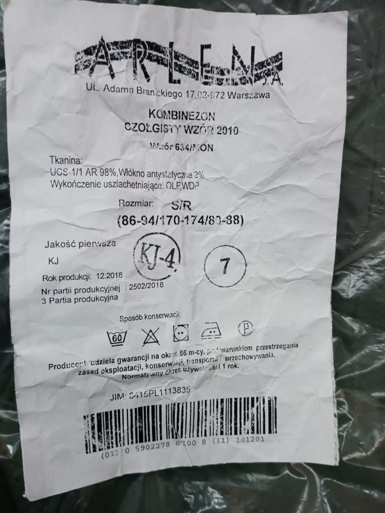 Kombinezon Czołgisty wzór 634/MON - S/R -Nowy