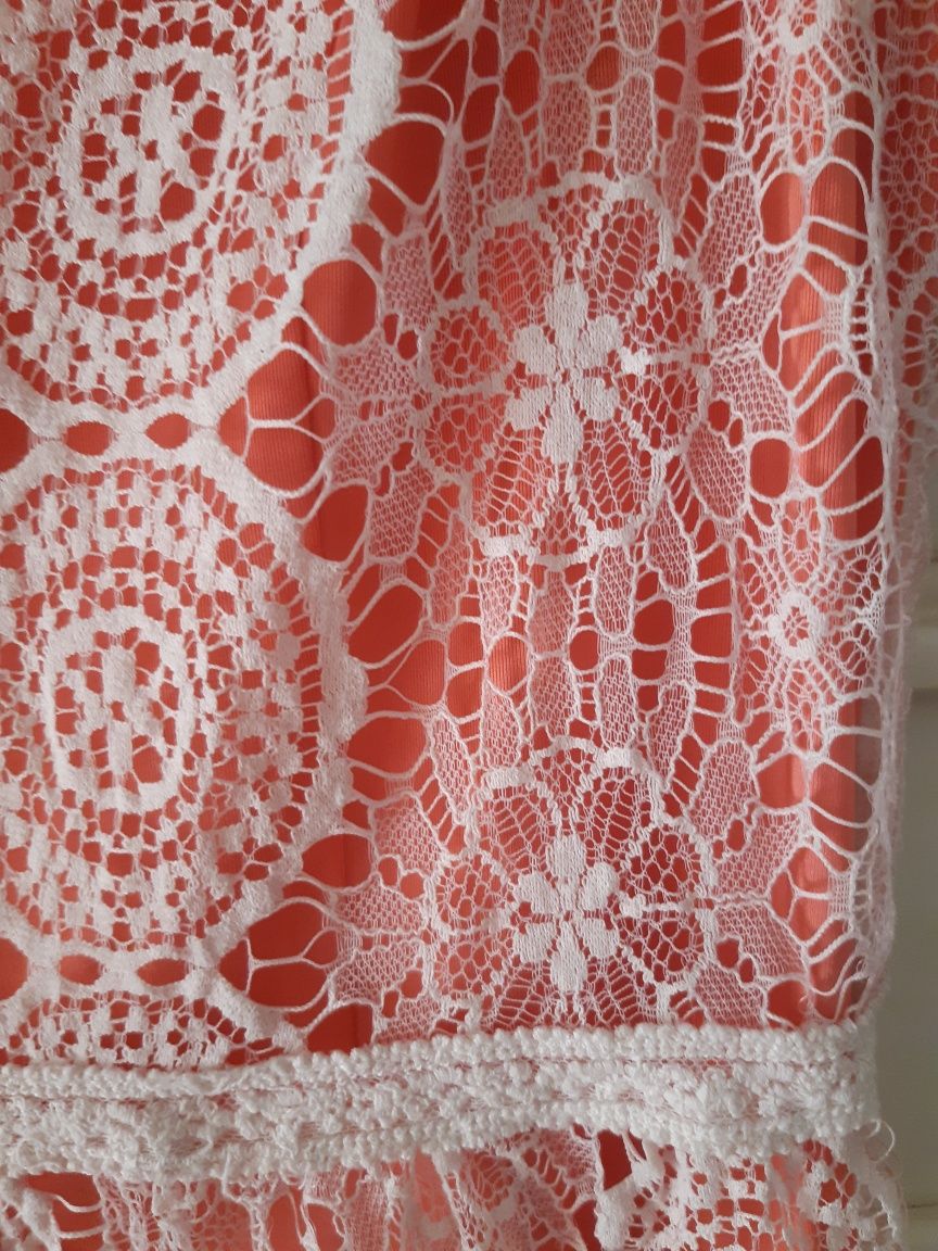 Nietuzinkowa sukienka elegant koronka ażur orange & white r M i 38/10