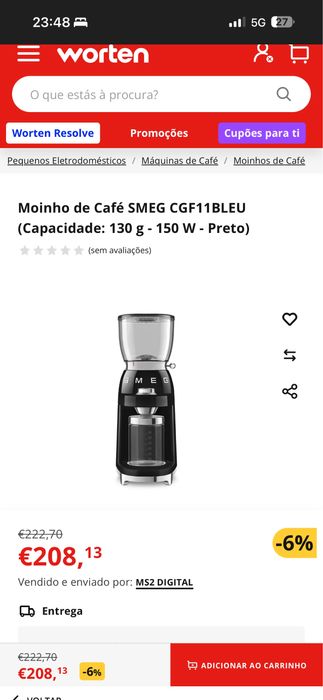 Moinho de Café SMEG CGF11BLEU (Capacidade: 130 g - 150 W - Pret
