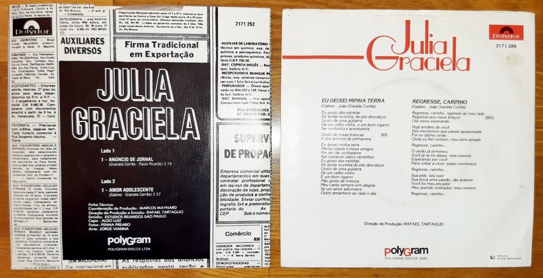 Discos de vinil 45 rotações Julia Graciela - Raros