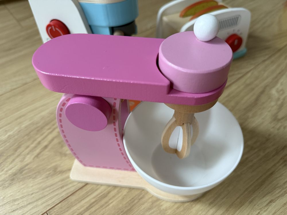 Zabawki drewniane: owoce, express, toster, pizza i robot
