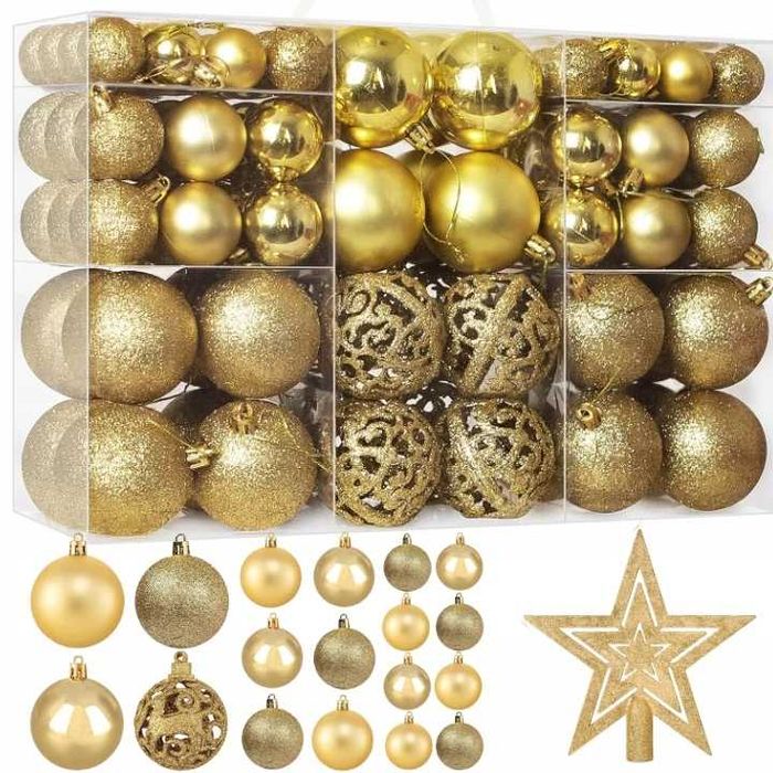 Bombki Choinkowe Zestaw XXL 101 szt Złote Wzory + Gwiazda 4 KOLORY