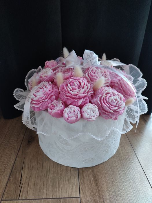 Bukiet świec Flower Box świec sojowych Wielki biało różowe piwonie