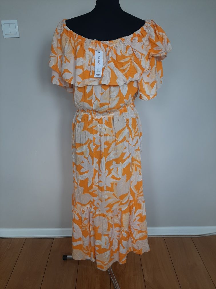 Długa midi sukienka pomarańczowa w beżowe kwiaty hiszpanka z wiskozy