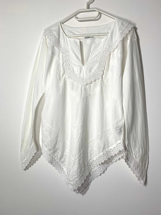 biała bluzka koszula na długi rękaw XS koronka boho hippie folk bawełn