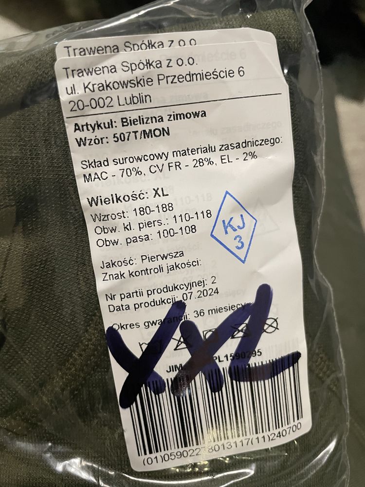 Bielizna wojskowa zimowa komplet r. XL nowa