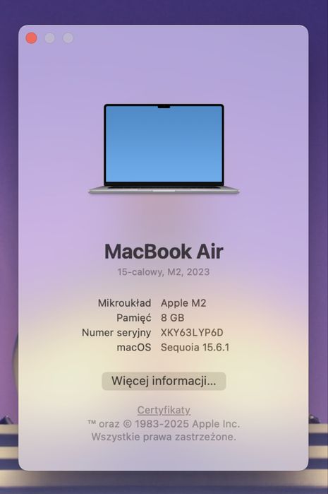 15 cali Laptop Apple Macbook Air 15,3” M2 8GB SSD 256GB