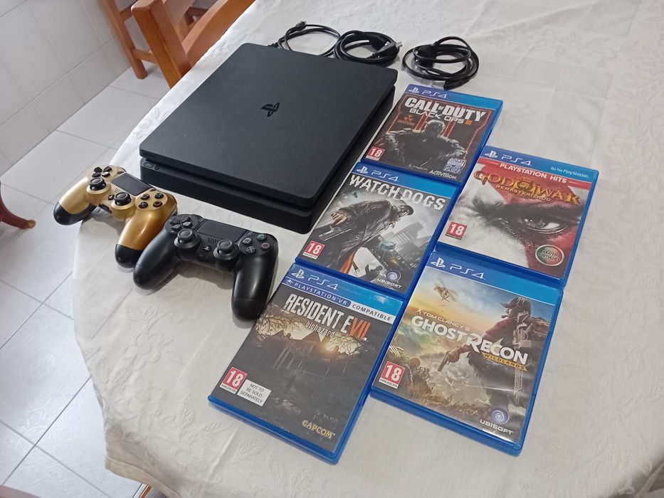 Ps4 Consola slim 1Tb+ 2 comandos  + 5 jogos