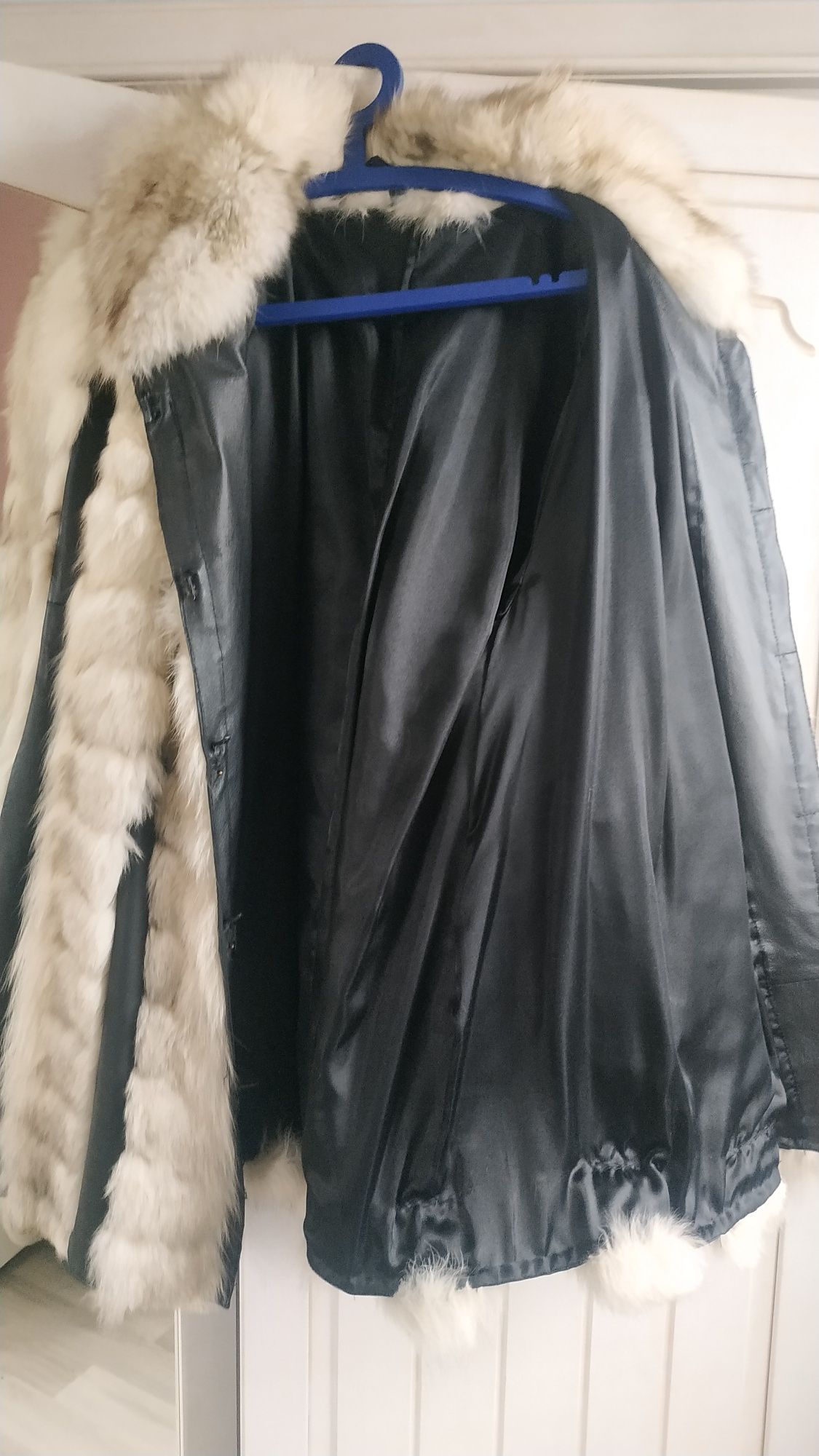 Płaszcz kurtka skórzany z futrem naturalnym z lisa, futro naturalne
