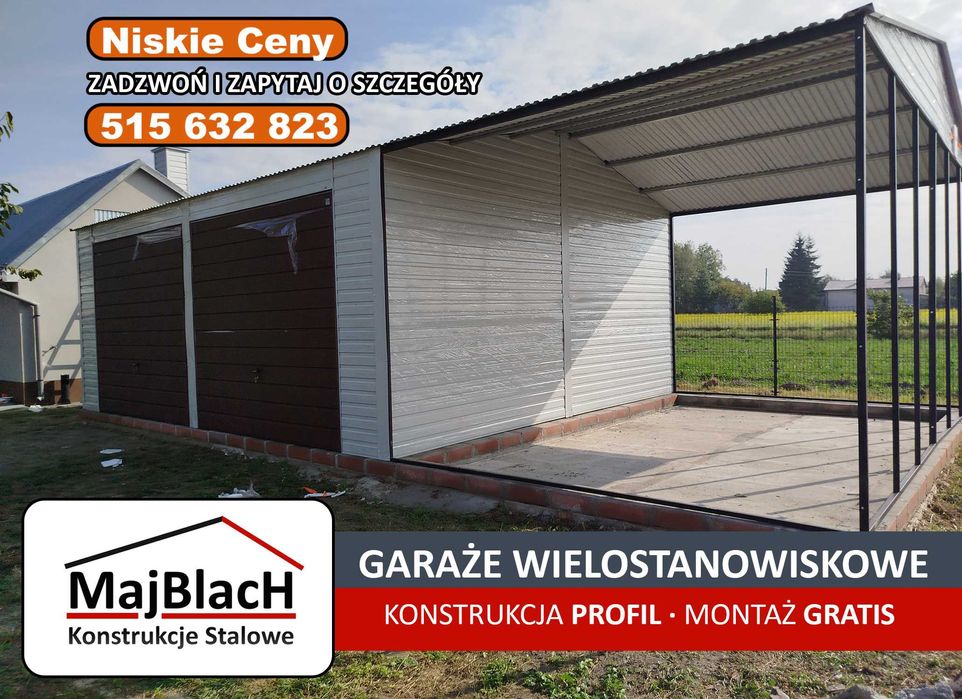 Garaż Blaszany BIAŁY + zadaszenie boczne  - Garaże Blaszane -Maj-Blach
