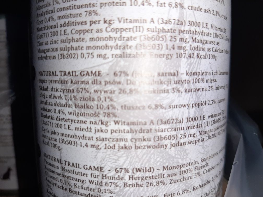 Zestaw 5 puszek Natural Trail Game 400 g dla psów