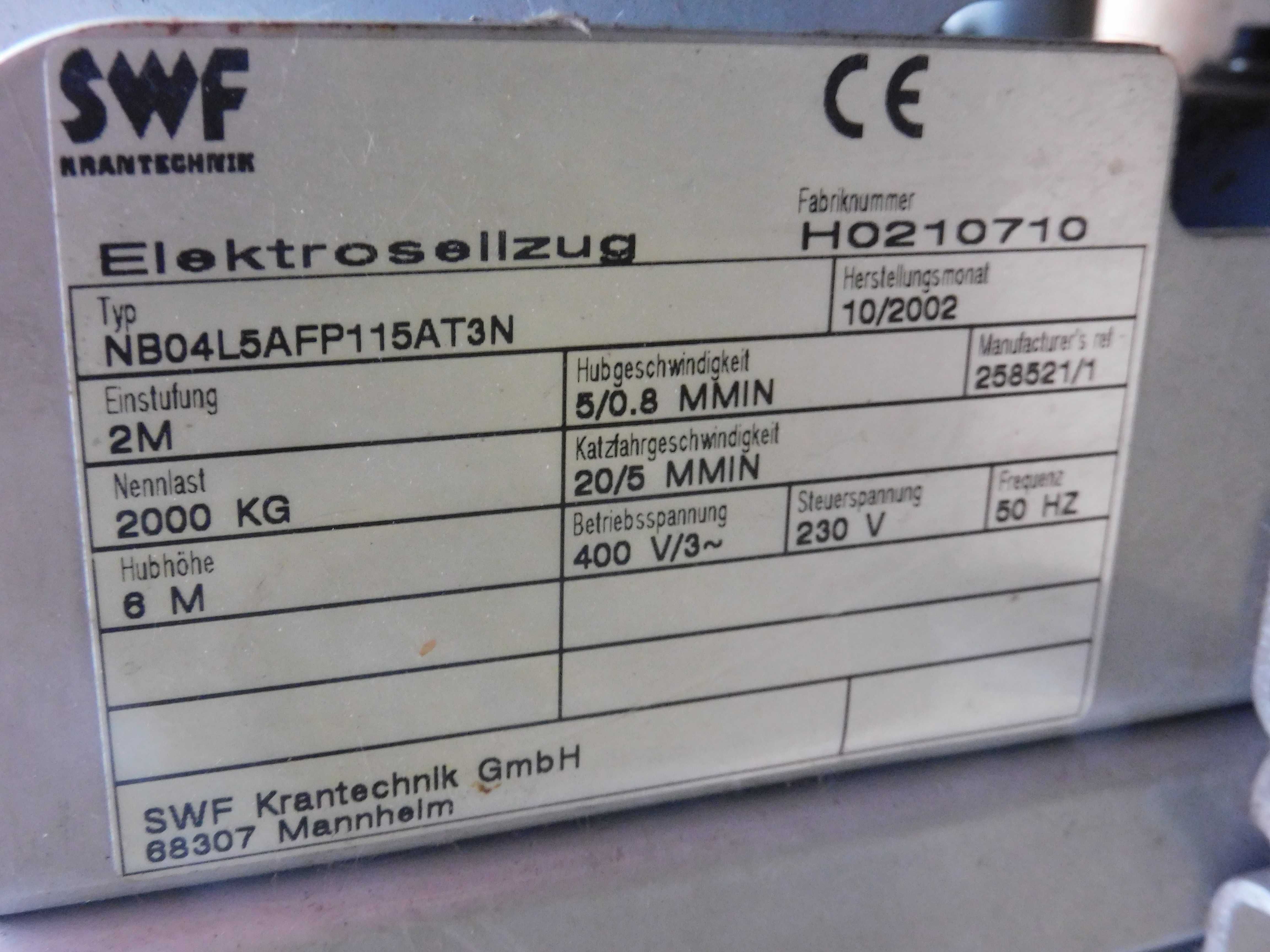 Elektryczny wciągnik linowy SWF NOVA 2000kg suwnica wciągarka 2t