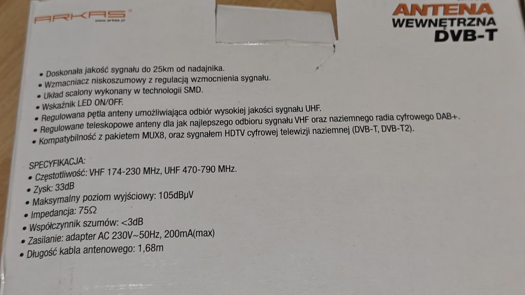 Arkas antena wewnętrzna DVB-T2 model UVR-AV184