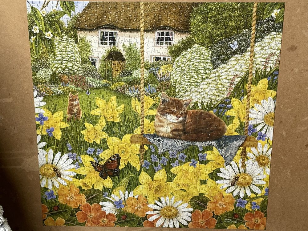 Puzzle 1000 Jigsaw Flower Garden by Anne Mortimer Ogród Kwiaty Koty