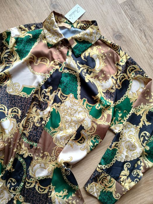 Satynowa krótka sukienka we wzory oversize elegancka lejąca się M 38