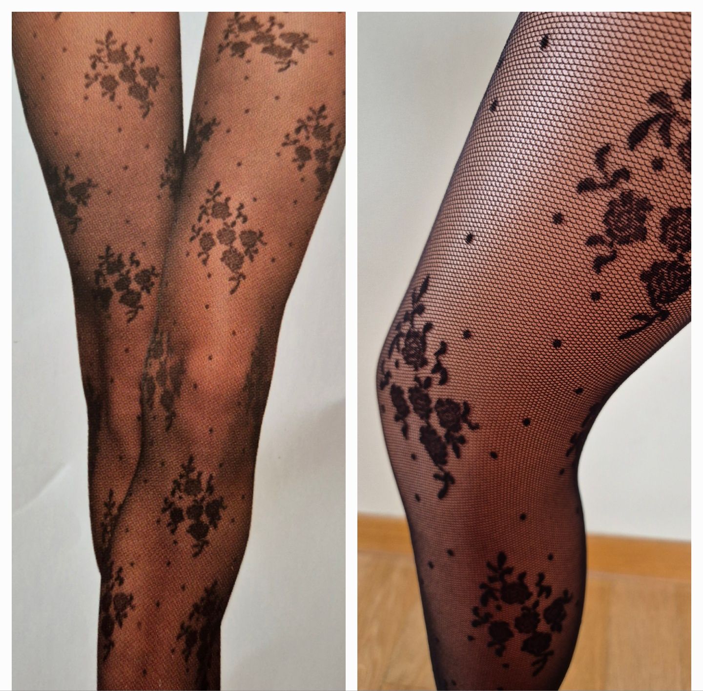 Rajstopy Calzedonia m/l czarne w kropki i kwiaty 40 den śliczne wiosna