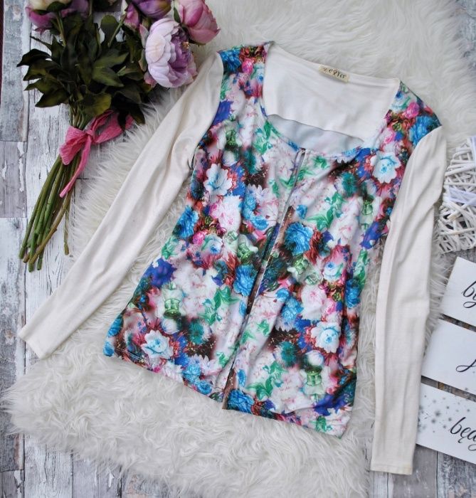 Bluzka Narzutka Ecru Kolorowe Malowane Kwiaty Boho Hippie Folk Retro