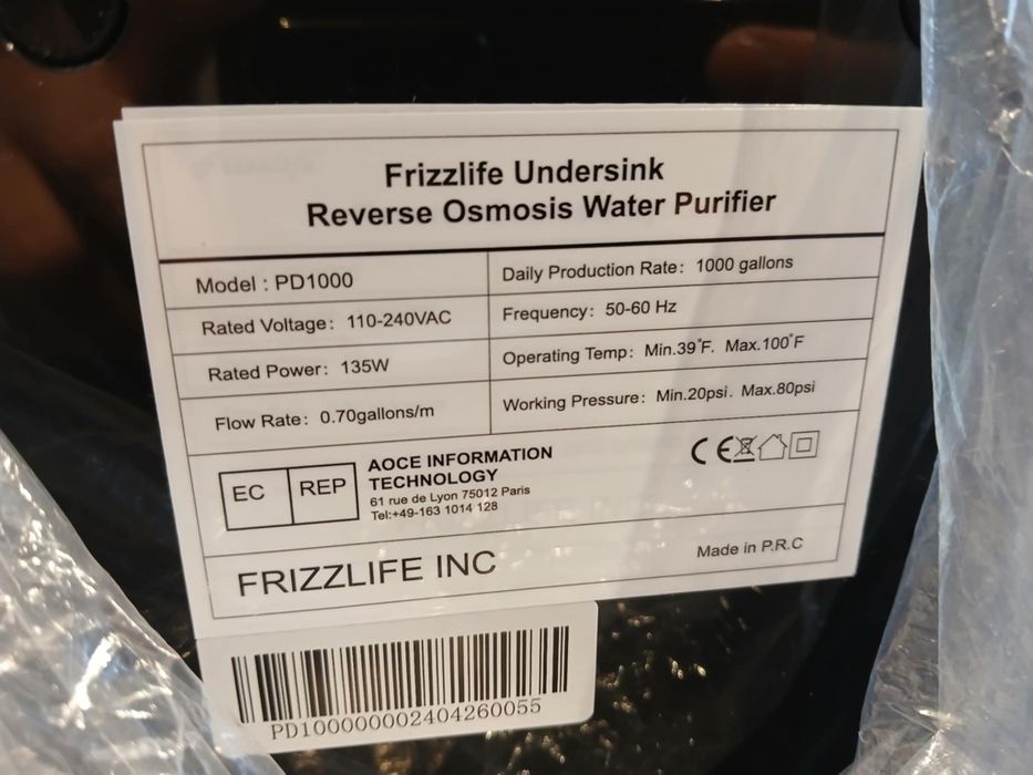 System Filtracji Wody Metodą Odwróconej Osmozy Frizzlife PD1000. 784 l