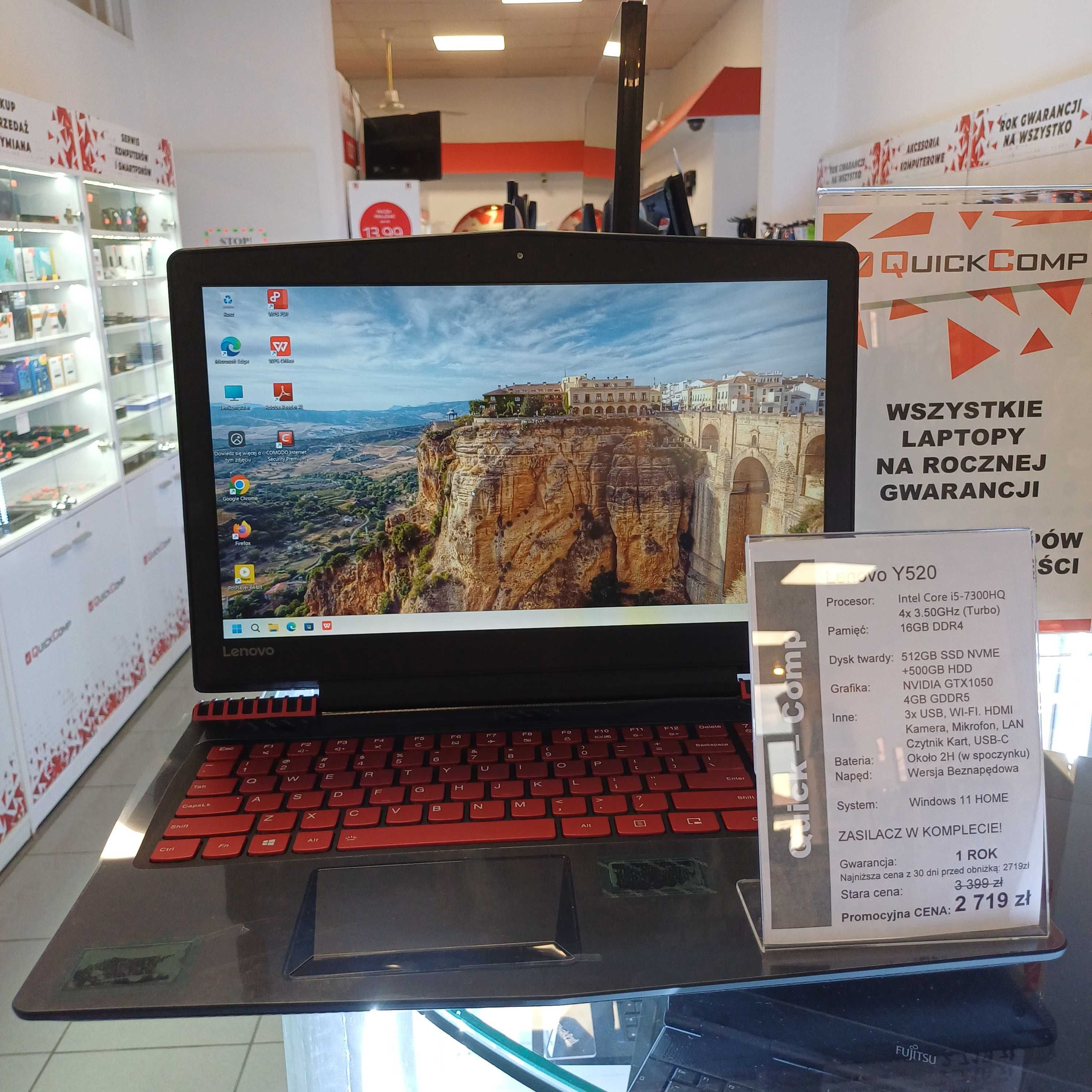 Laptop Lenovo Y520 Gamingowy i5-7300HQ 4x3,50GHz / GTX1050 4GB / WIN11