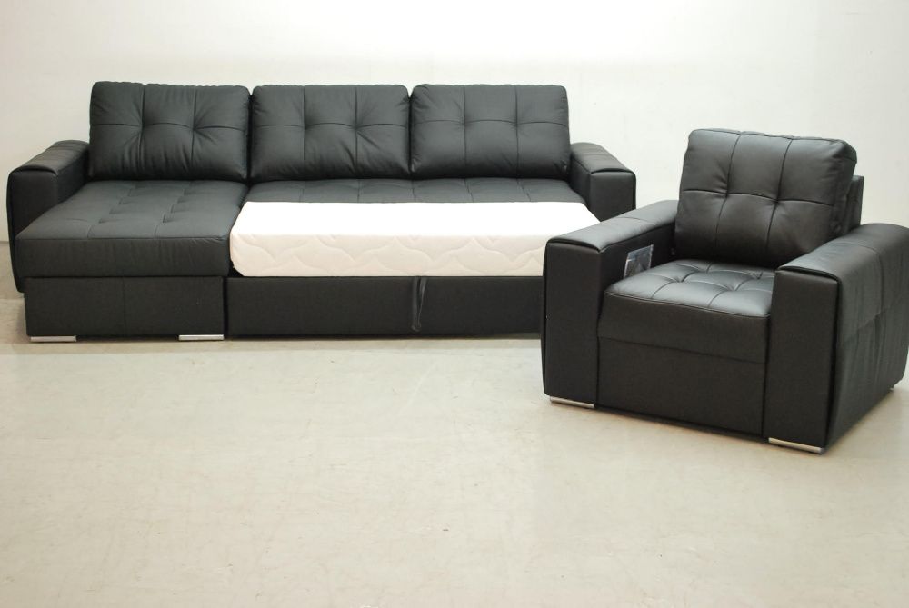 SKÓRA NATURALNA NAROŻNIK spanie pojemni + fotel czarny 6605, salon sof