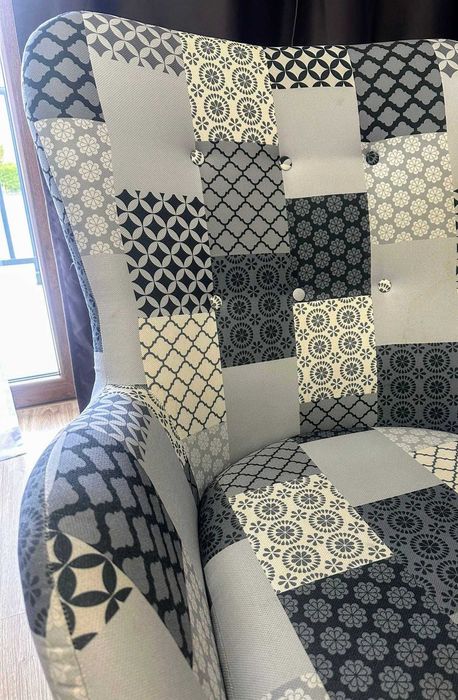 Zestaw 2 x fotel uszak patchwork na drewnianej nodze