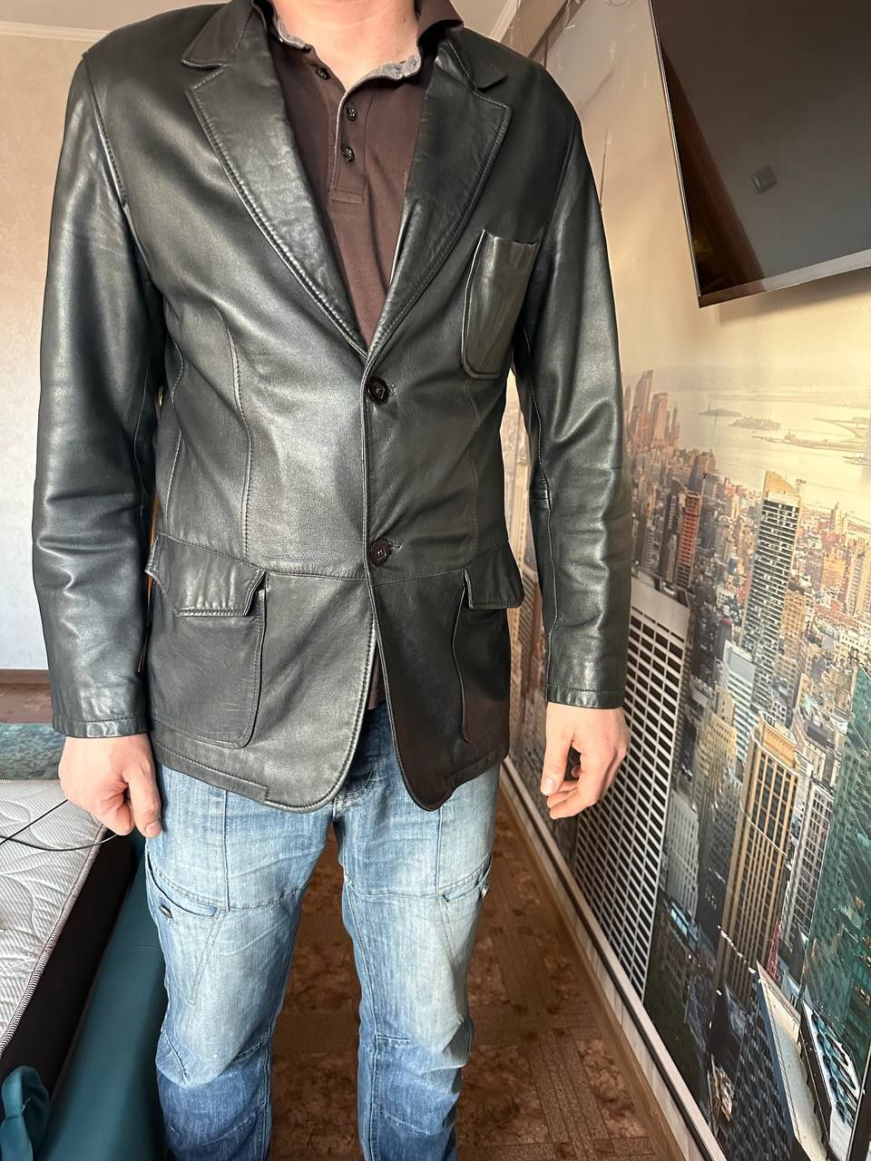 Кожанный мужской пиджак, размер 50.
