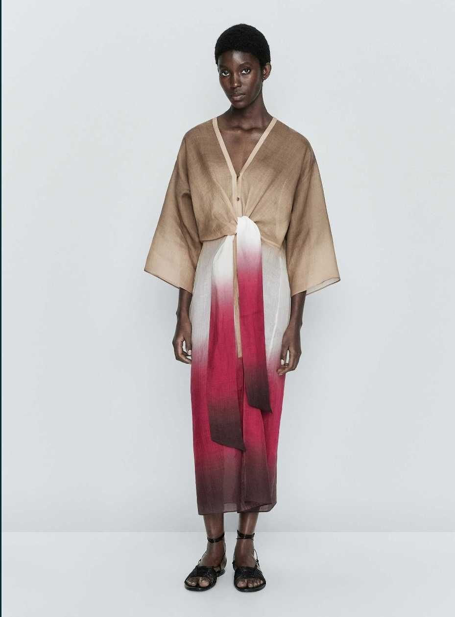 Massimo Dutti Sukienka plażowa tunika z ramii tie-dye Lniana 36S