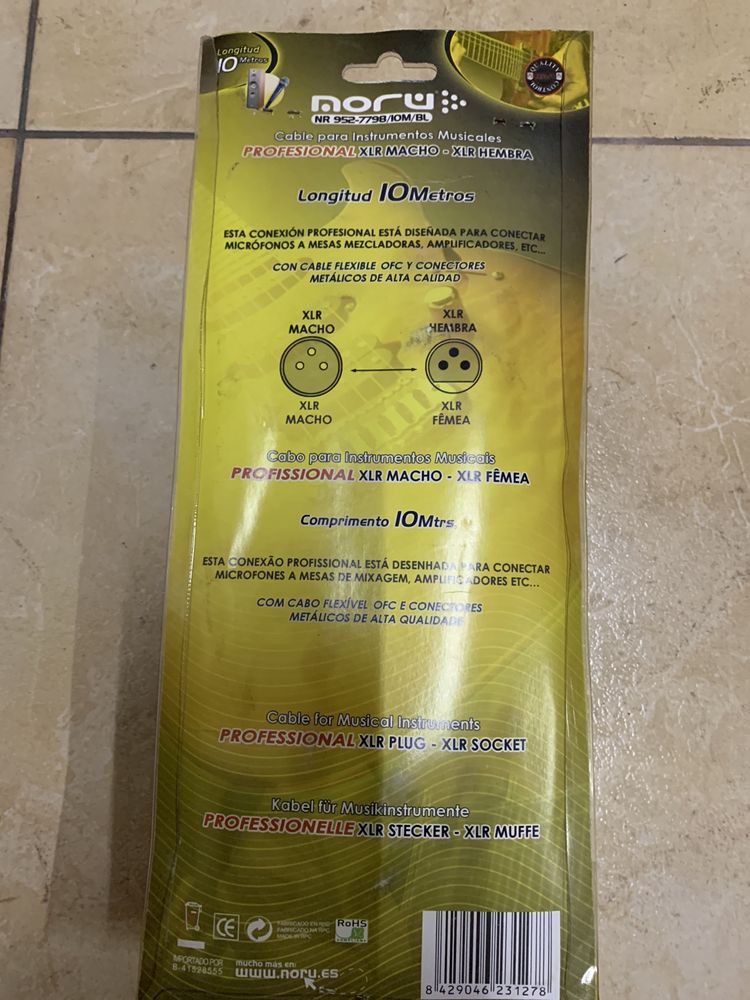 Cabo de áudio de 10 m para microfone XLR 3 pinos macho para fêmea