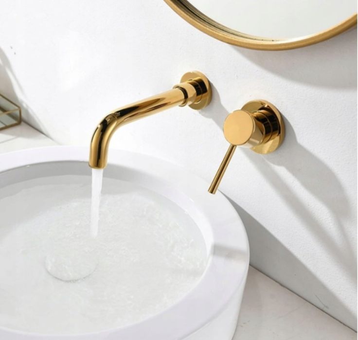 Bateria umywalkowa podtynkowa ścienna GOLD złota - długa WYLEWKA