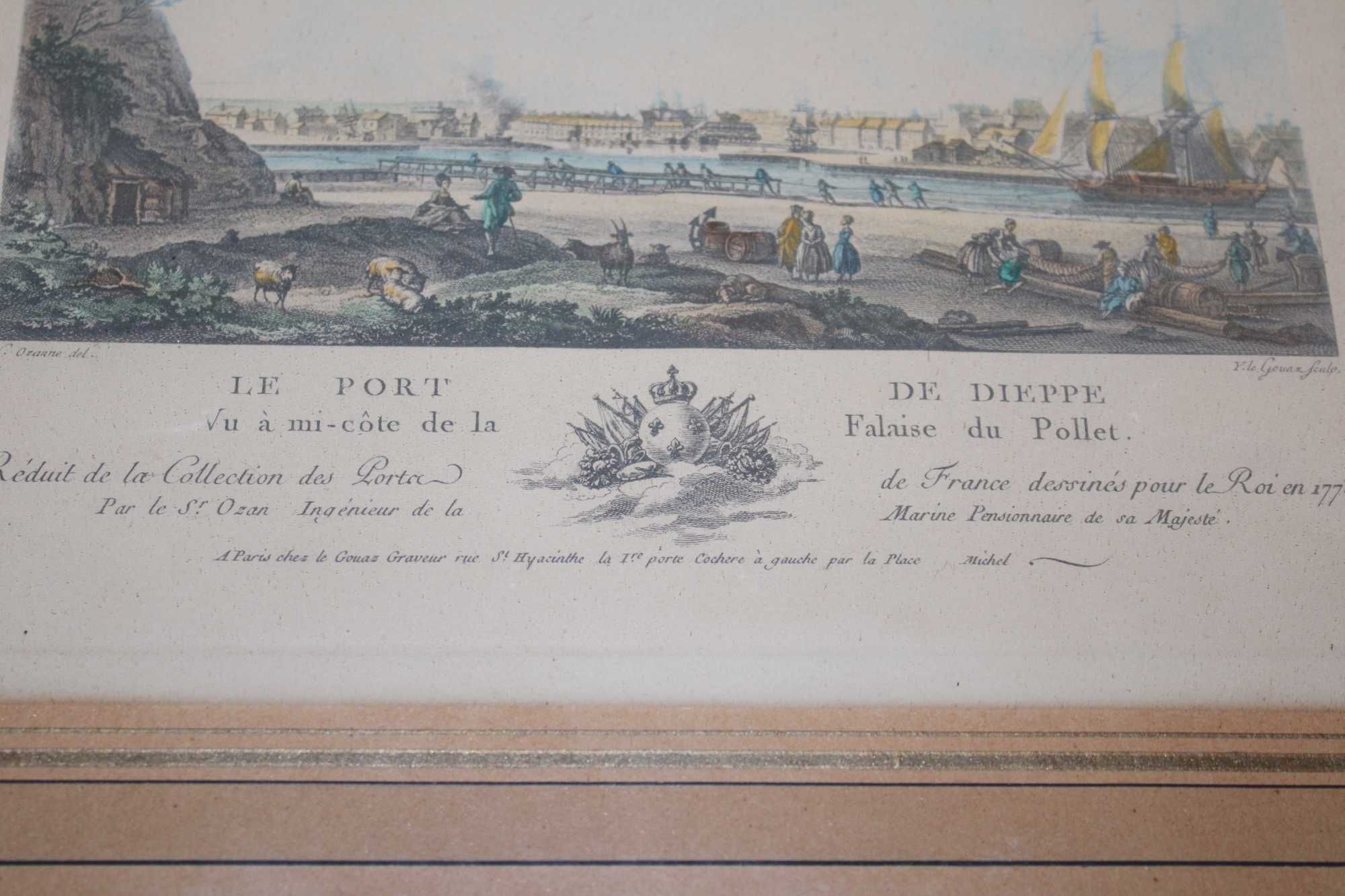 Gravura colorida Francesa, data 1776, moldura Império,