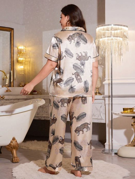 Piżama Satynowa Z Motywem Zwierzęcym Komplet Koszula Spodnie Shein 4Xl