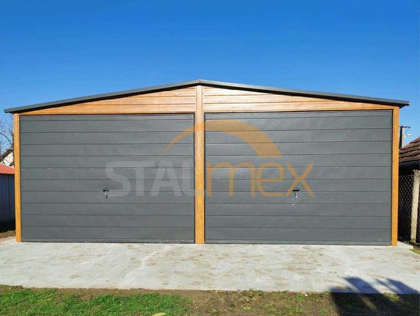 Garaż blaszany podwójny 6x5 m drewnopodobny złoty dąb/BTX 7016 grafit