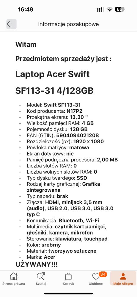 Acer Swift 1 Srebrny - windows 10