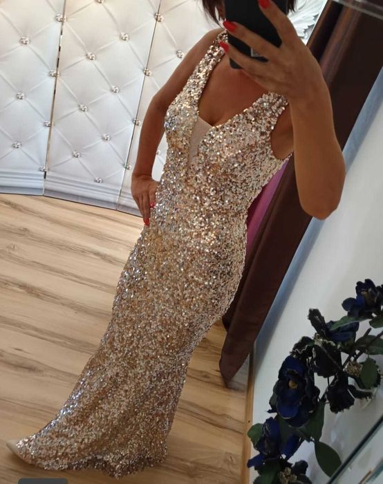 Sukienka damska wieczorowa SYRENKA maxi złota w cekiny.